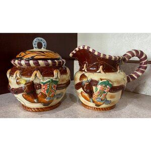 Western-Themed Ceramic Sugar Bowl & Creamer Set With Colorful Cowboy Hat & Boot